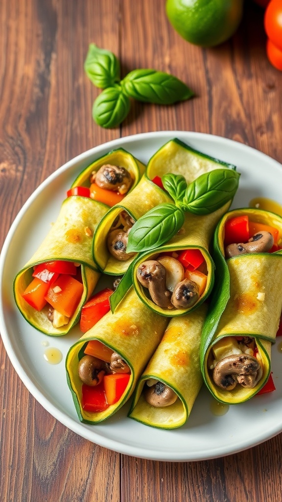 Stuffed zucchini wraps filled with bell peppers and cheese, garnished with basil on a rustic plate.